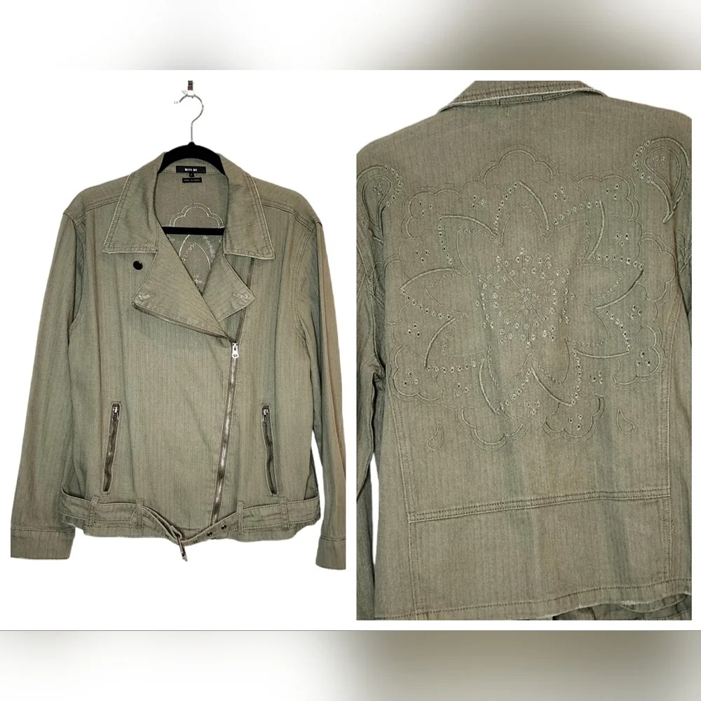 Miss‎ Me Embroidered Green Jacket Belted Hem Size Large Cotton Twill Denim